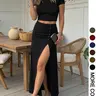 Women's Casual Two Piece Matching Set, Short Sleeve Crop Top & Front Button Slit Skirt, Slim Fit Outfit, Perfect for Evening, Dating and Casual Occasions, Chic