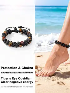 Protection & Chakra Anklet for Women, Tiger's Eye Obsidian Volcanic Stone, Adjustable Braided Beaded, Clear Negative Energy Beach Jewelry, Ankle Bracelet