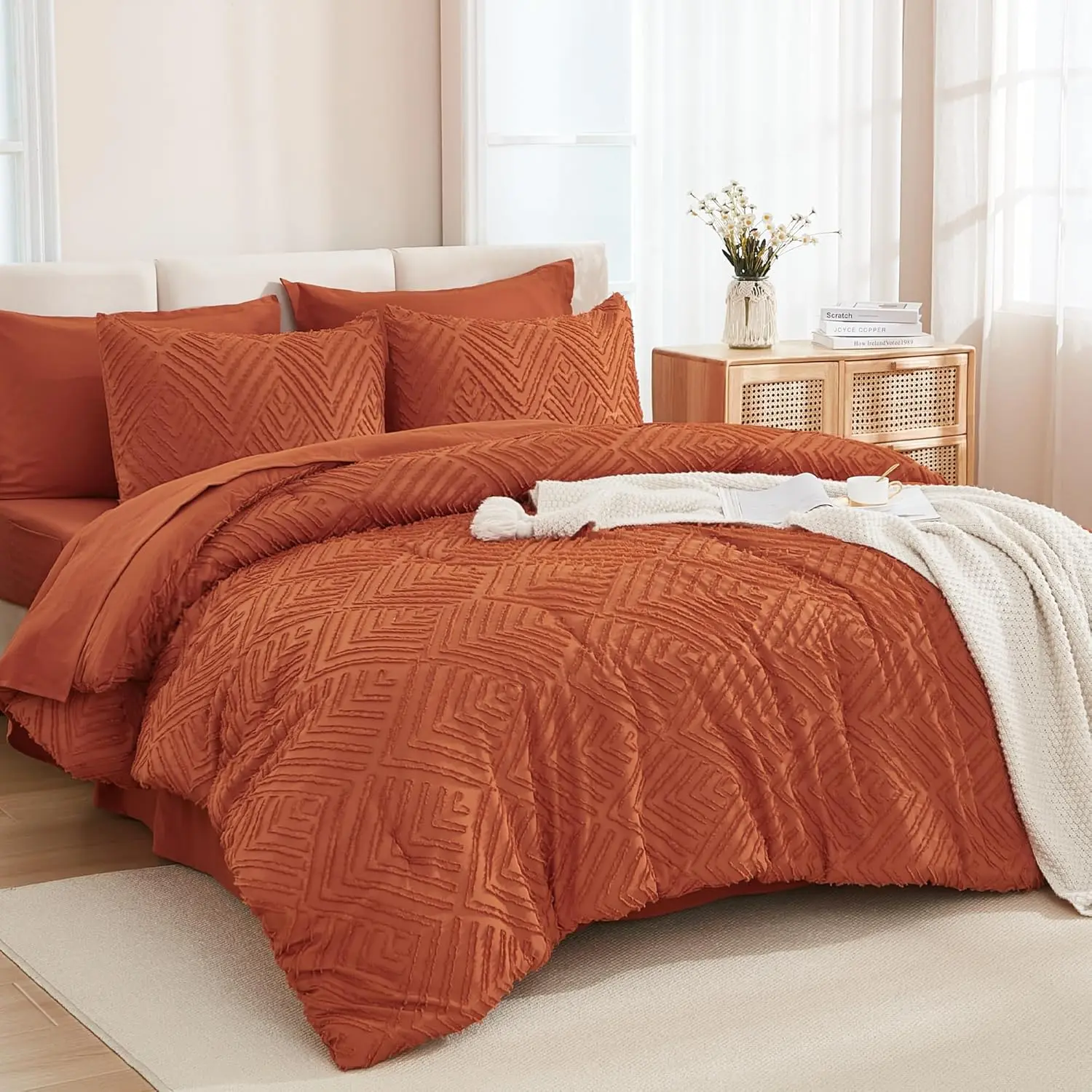 Andency King Size Comforter Set Burnt Orange - 7 Pieces Bed in a Bag King Boho Terracotta Bedding Comforter Sets, Rust Tufted Bed Set with Comforter, Sheets, Pillowcases & Shams