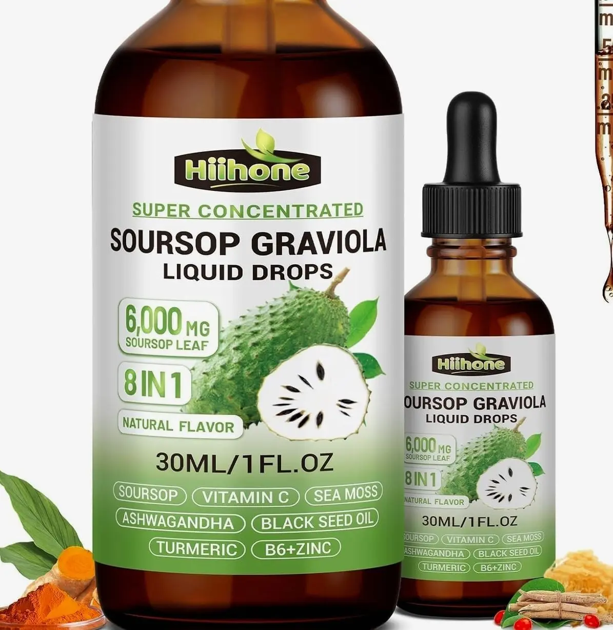 (2 Pack) 8 in 1 Graviola Soursop Leaf Extract Liquid - Soursop Bitters Liquid with Sea Moss, Ashwagandha and Turmeric, for Immune & Liver, Zzz & Antioxidant & Cell Support,1 Fl Oz