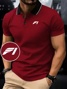 Men's Geometric F1 Logo Print Polo Shirt, Quick-Dry Sportswear, Breathable Comfort Fabric, Durable Stretch Material, Short Sleeve