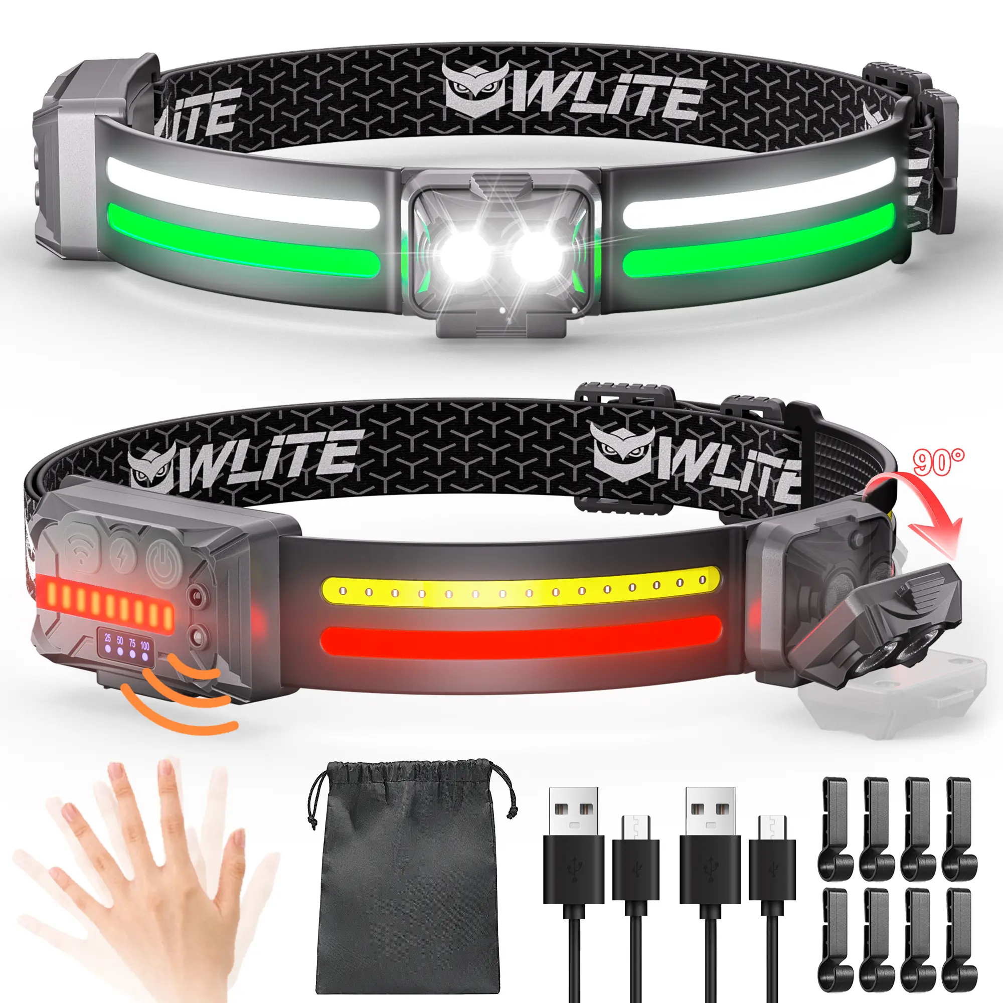 Hokolite Headlamp Flashlight, 2Pack Rechargeable LED Headlamps Outdoor light Survival Gear 1200Lumens 2 COB 260°Wide Beam with Motion Sensor 21 Modes