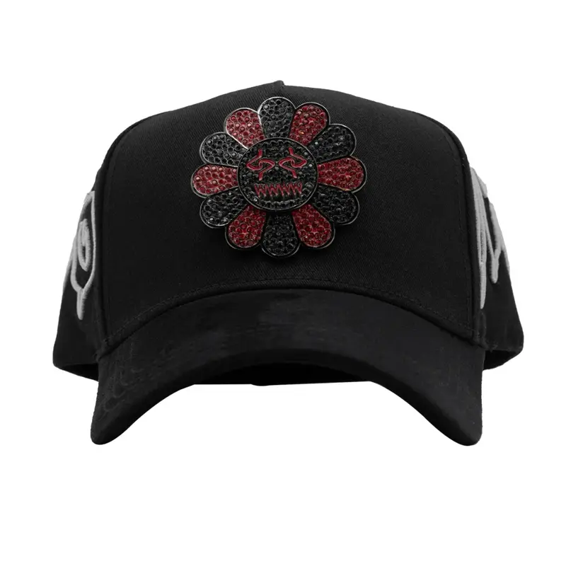 Incógnito Murakami Hat with Embroidered Flower Design, Adjustable Fit, Adjustable Strap, Black Color