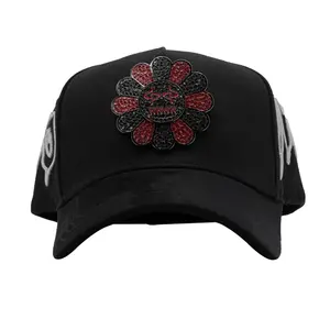 Incógnito Murakami Hat with Embroidered Flower Design, Adjustable Fit, Adjustable Strap, Black Color