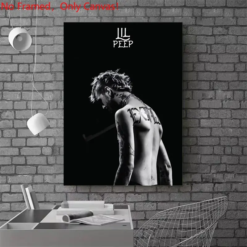 1 piece/set frameless canvas painting print poster, hip-hop culture Characters realism art, Unique Artwork, Lil Peep Black and White, gift for Rap Music loves, ideal for home spaces, wall decor