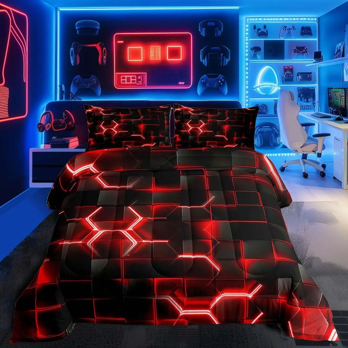 Red and Black Bedding Set Honeycomb Comforter Set Decor Hexagon Theme Comforter Geometrical Beehive Duvet Set 1