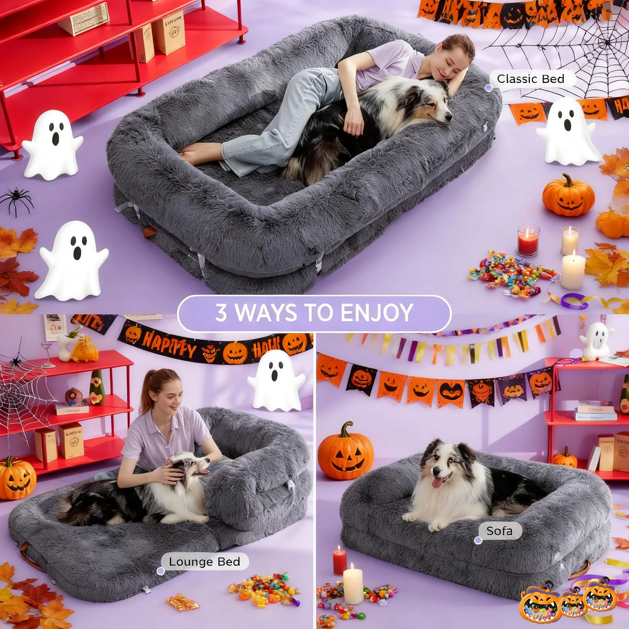 Lesure Foldable 3-in-1 Flexible Giant Human Dog Bed for Adult People - Supportive Bolster Egg Foam, Waterproof Liner, Calming Fluffy Faux Fur Orthoped