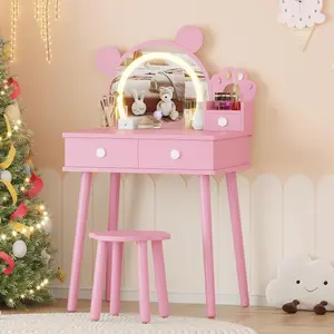 Bear-Shaped Kids Vanity Set with Lights, Wooden Makeup Desk & Stool, Princess Toddler Play Vanity Table for Bedroom, Perfect for Little Girls