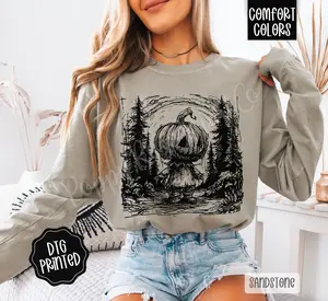 Pumpkin Woods Long Sleeve TShirt, Trendy Women's Halloween Tee