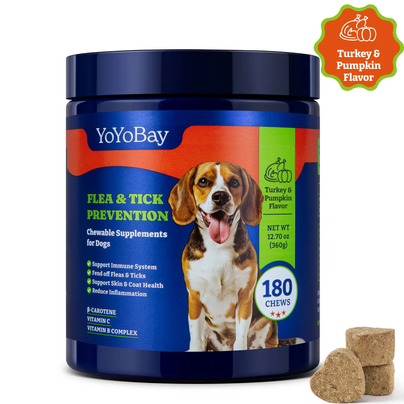 Flea and Tick Prevention for Dogs Chewable - 180 Soft Chews, Turkey & Pumpkin Flavor - Dog Flea and Tick Chewable, Natural Defense - Dog Immune Support Supplement