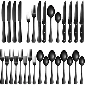 Black Silverware Set 24 Piece with Steak Knives Stainless Steel Flatware Set for 4, Modern Aesthetic Kitchen Cutlery Set, Mirror Finish, Rust Resistant, Dishwasher Safe Home & Wedding Gift, Kitchen Essentials USA Dining Set