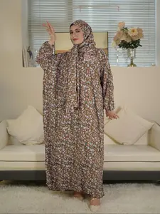 Women's Ditsy Floral Print Long Lantern Sleeve Maxi Prayer Dress with Hijab, Modest Muslim Outfits, Modest Comfort Islamic Clothing for Daily Wear, Ladies Clothes for All Seasons