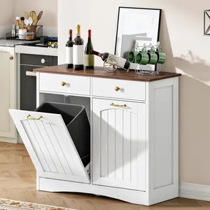 HOOBRO Double Tilt Out Trash Can Cabinet, Hidden Trash Bin Storage with 2 Drawers, Freestanding Kitchen Island Cabinet, for Kitchen, Laundry Room, White and Walnut #SpringSale #BigSpringSale