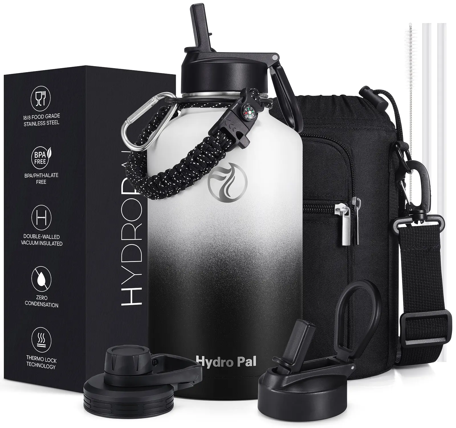 64oz Stainless Steel Insulated Water Bottle Flask, Wide Mouth Double-Wall Vacuum Thermo with Chug & Straw Lids, BPA-Free Portable Outdoor Gadgets Tumbler with Paracord Carrier for Hiking, Sports