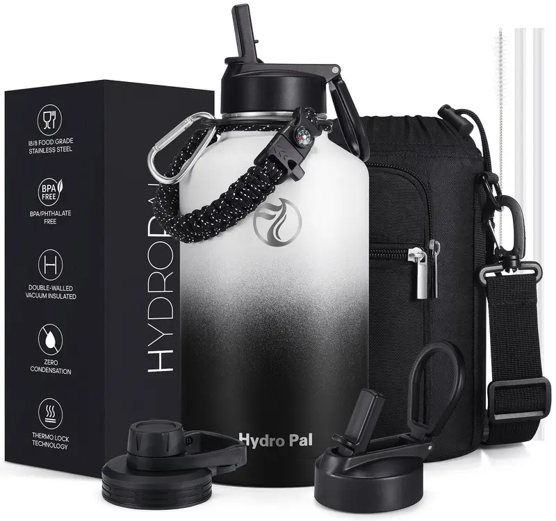HydroPal 64oz Stainless Steel Insulated Water Bottle with Chug Lid & Straw Wide Mouth Double-wall Vacuum Thermo Flask BPA Free Food Grade Material Paracord Carrier