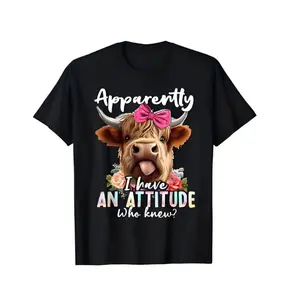 Cotton Apparently I Have An Attitude Sarcastic Highland Cow Design Unisex Tee Round Neck Short Sleeves Menswear Casual Tops Golf Gift T-ShirtUnisex T-shirts M-5XL