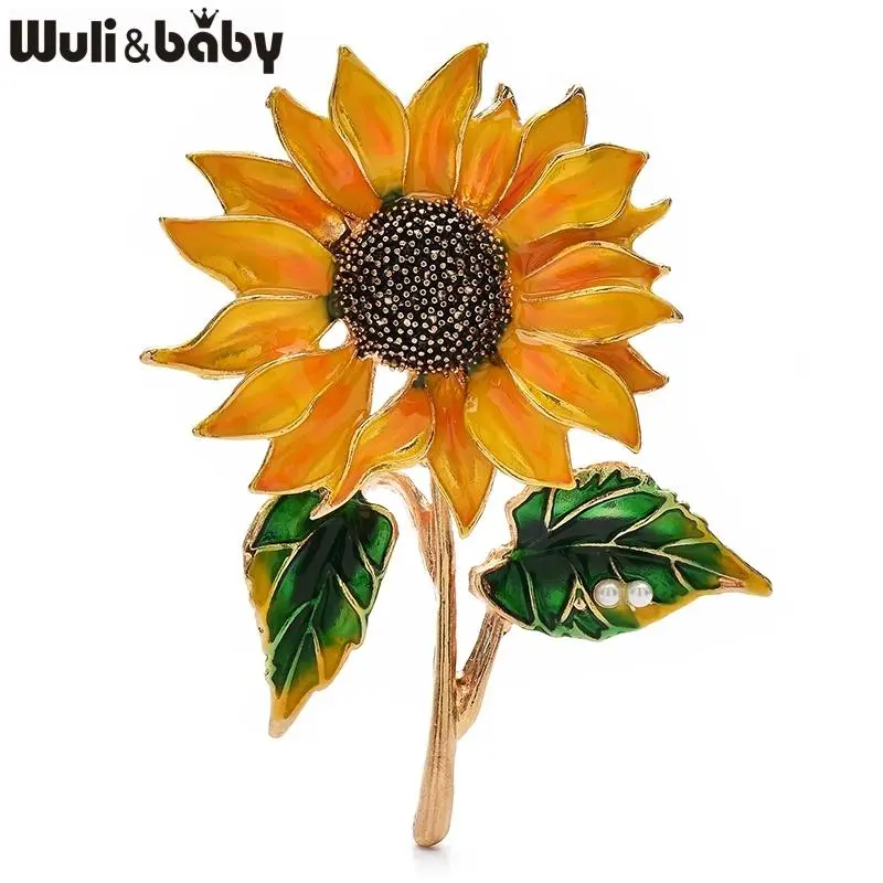 Wuli&baby Beautiful Sunflower Brooches For Women Unisex Yellow Charming Enamel Flower Party Office Brooch Pins Gifts