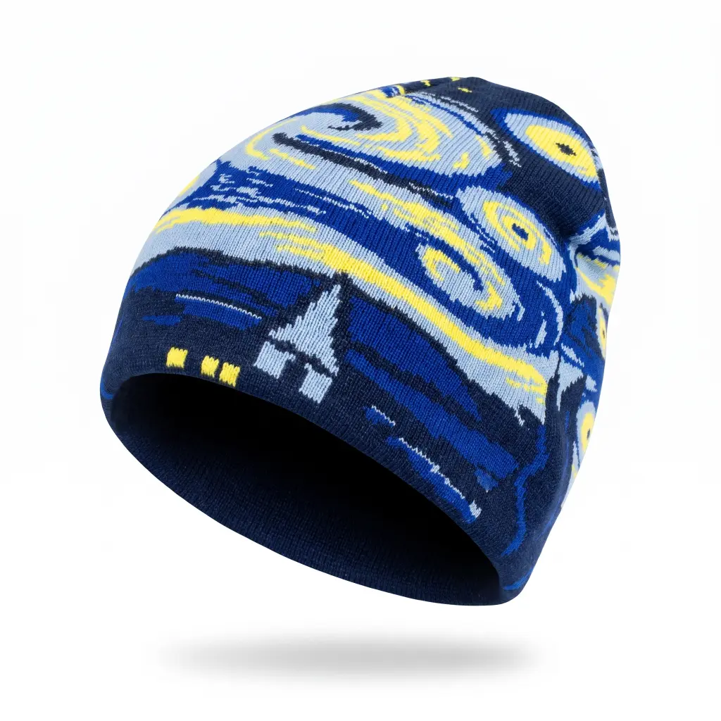 Starry Night Painting-Inspired Beanie, Fashion Accessory Knit Hat for Daily Wear