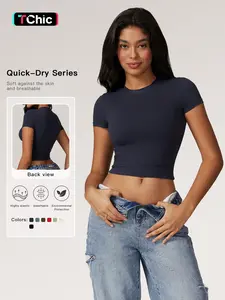 Women's Plain Round Neck Crop Sports Tee, Jersey Tee, Sporty Casual Tight-fitting Short Sleeve T-shirt for Yoga Gym Workout Running, Ladies Sportswear Clothing for Summer, Quick Dry Activewear