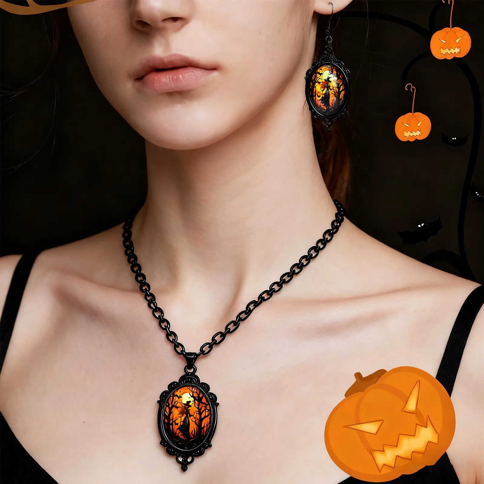 Gothic Witch Earring Necklace Combination for Halloween - Dark Aesthetics Festive Atmosphere Party Focus Jewelry Set