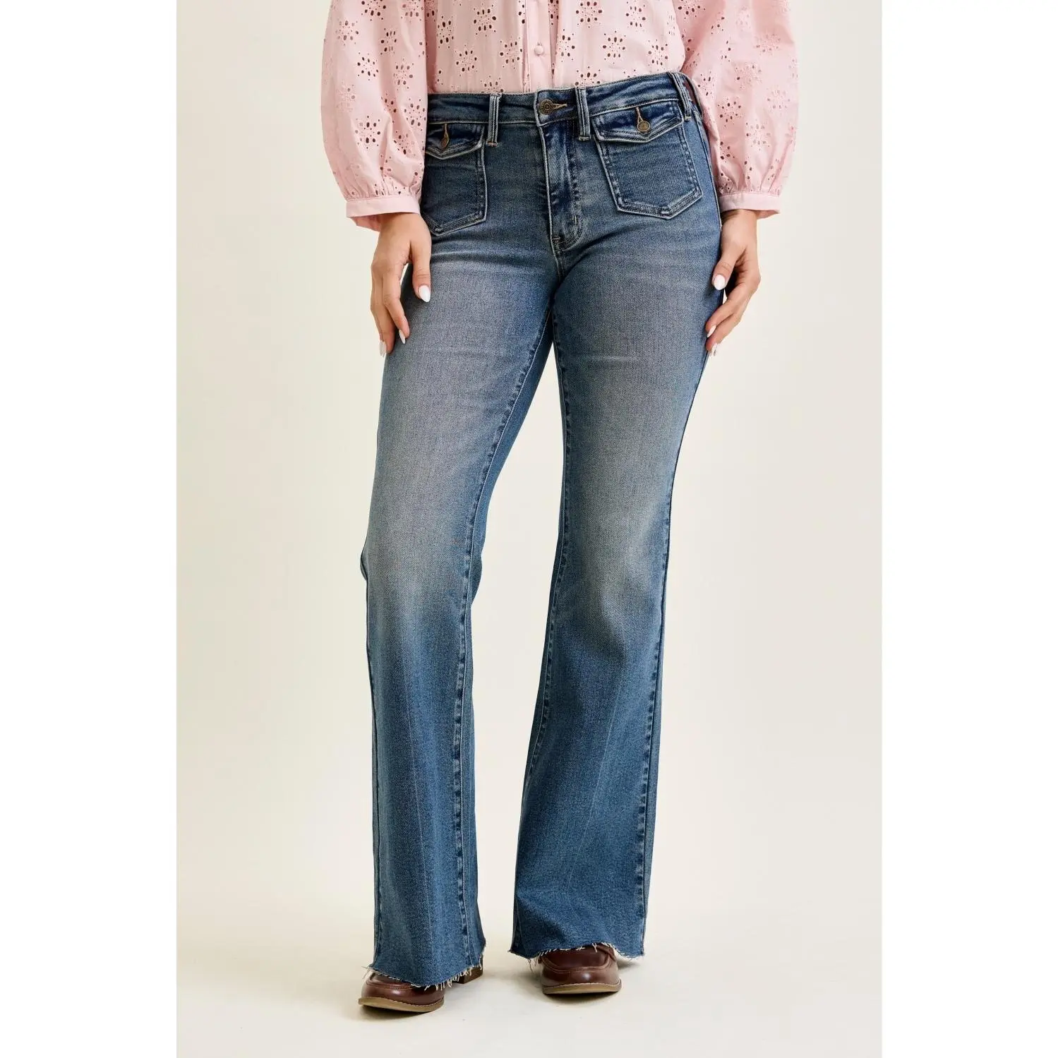 Judy Blue Mid Rise Flare Jeans with Front Flap Pockets