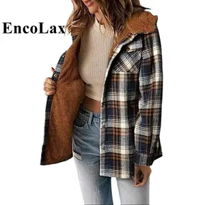 Encolax Women's Plaid Shacket Jacket Long Sleeve Button Down Fleece Hooded Coats Warm Winter Outerwear Casual Everyday Fashion Style Tops