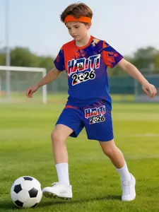 Boys' Haiti 2026 Soccer Theme Printed Short Sleeve Set, Casual Loose-Fit Two-Piece, Sports Fashion, Soccer Jersey Set, Football Kits