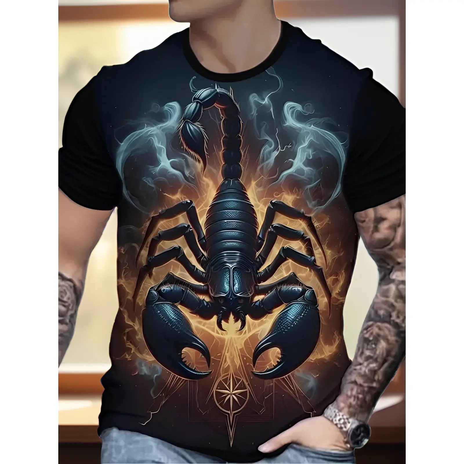 Men's Plus Size Fashion Scorpion Print Sporty Sports Top - Slightly Stretchy, Comfortable Casual Outdoor Clothing, Sporty Sports Tops