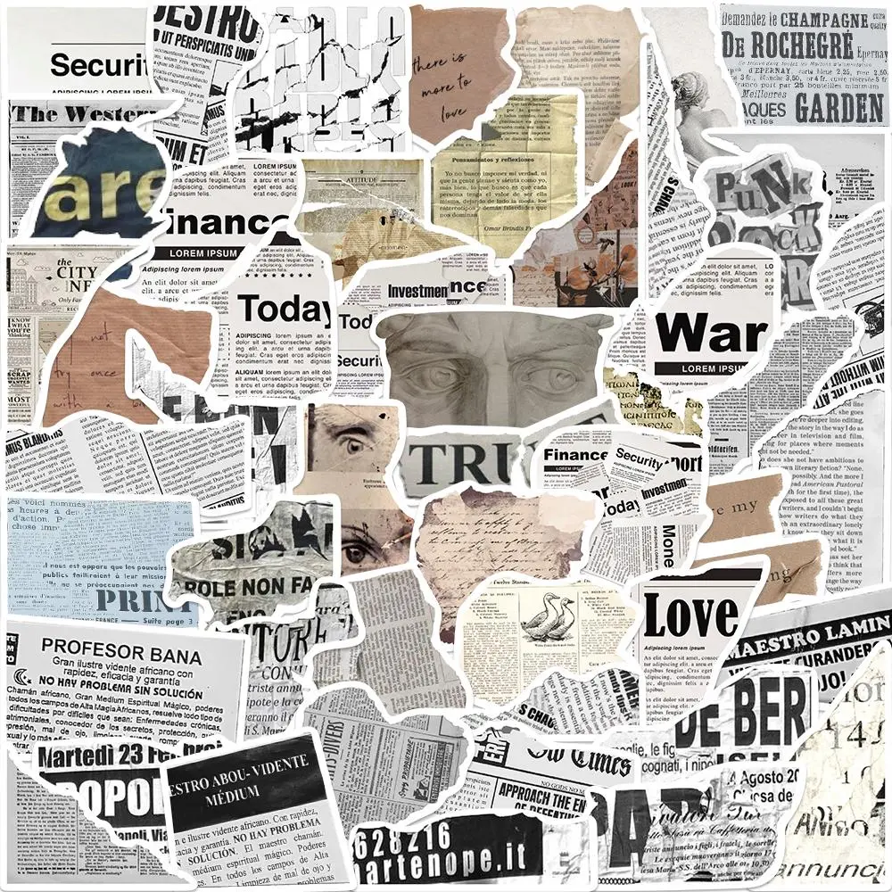 Newspaper & Letter Pattern Sticker, 52pcs/set Creative Scrapbook & Journal Making Material Sticker, DIY Decorative Sticker for Stationery & Computer & Water Bottle, Stickers Kit