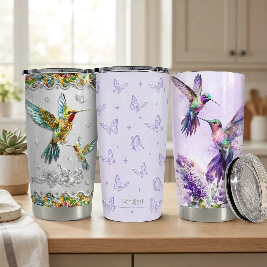 SANDJEST Hummingbird 20oz Iced Coffee Tumbler with Leakproof Lid, Double Wall Vacuum Insulated Stainless Steel Flask, Portable Leakproof Insulated Container, Cup Holder Friendly for Home Travel