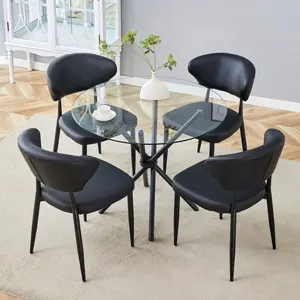 5 Pieces Dining Table Set, A Modern Transparent Tempered Glass Round Table With 4 Black PU Leather Ergonomic Dining Chair, With A Curved Backrest For Comfortable Design.