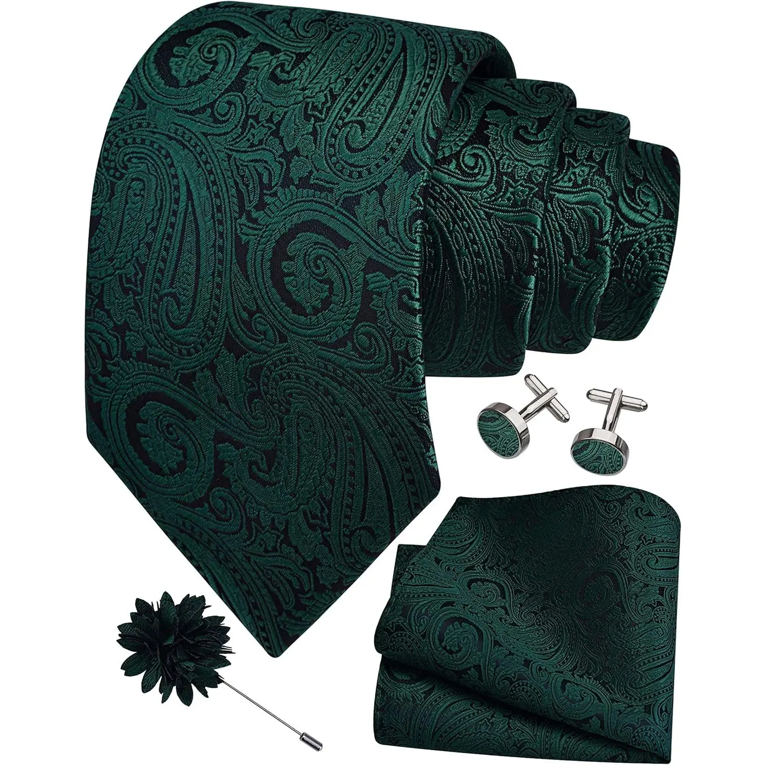 Men's Classic Paisley Tie Set, 4-Piece Formal 3.15" Neckwear with Pocket Square, Cufflinks, and 1 Flower Lapel Pin