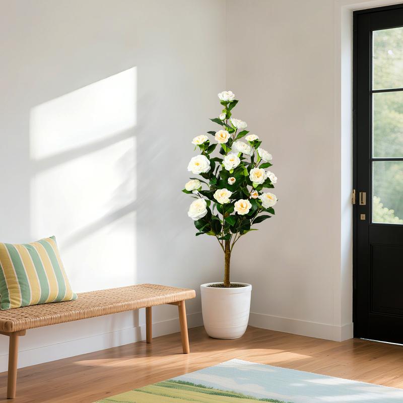 SHareconn 2-Pack 3/4FT Artificial Camellia Trees with Blooming Flowers, Lifelike Faux Plants for Indoor Outdoor Home Porch Decor, No Maintenance Needed