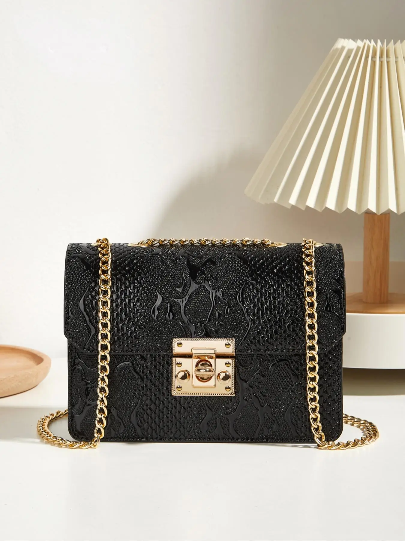 Women's Elegant Retro Crocodile Embossed Design PU Leather Texture Small Square Bag, with Metal Chain Strap, Trendy Versatile Flap Buckle Zipper Shoul