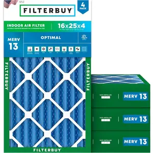 Filterbuy 16x25x4 Air Filter (4-Pack), Pleated MERV 13 Optimal Defense HVAC AC Furnace Air Filters (Actual Size: 15.50 x 24.50 x 3.63 Inches)