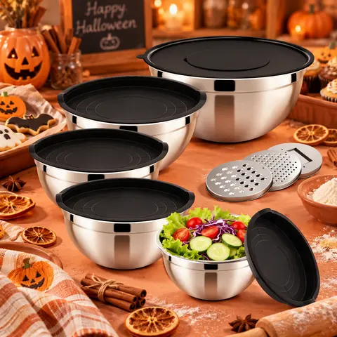 【Fall Halloween】5-Piece Stainless Steel Salad Bowl Set with Airtight Lids, 3 Grater Attachments, Stackable Mixing Bowls for Baking, Food Prep & Serving, 1.5–4.5 QT
