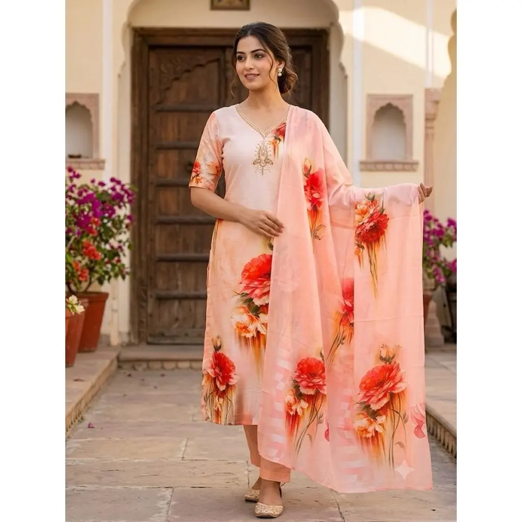 Women's Floral Print Kurta Set with Dupatta Elegant Ethnic Three-Piece Outfit Casual V-Neck Kurti with Trousers Traditional Festive Wear Size M L XL XXL