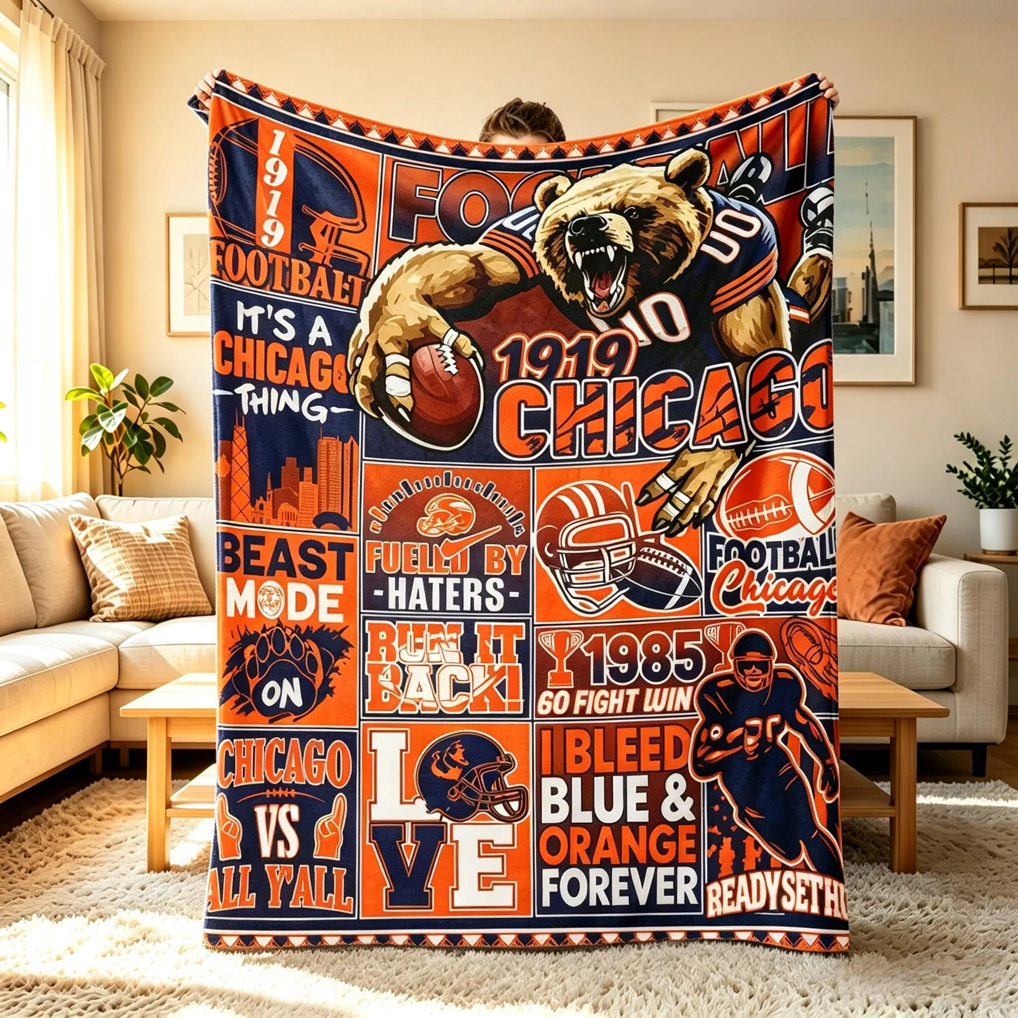 Retro American Football Grid Collage Mascot Artwork Soft Plush Flannel Throw Blanket Cozy Home Sofa Couch Blanket