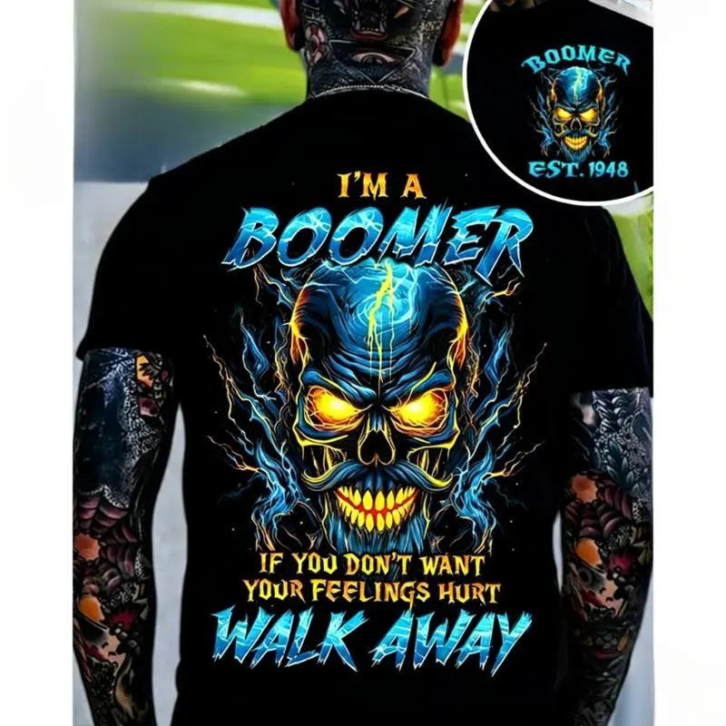 Crazymoda Men's Short-Sleeve Round Neck Streetwear T-Shirt, Skull-Print Apparel with "I'm A Boomer If You Don't Want Your Feelings Hurt" Graphic, Comfortable Fabric, Shortsleeve