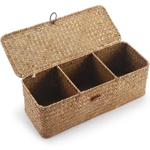 Seagrass Storage Basket with Lid Rectangular Small Woven Shelf Baskets with Sections for Organize Snack Toys Tampon