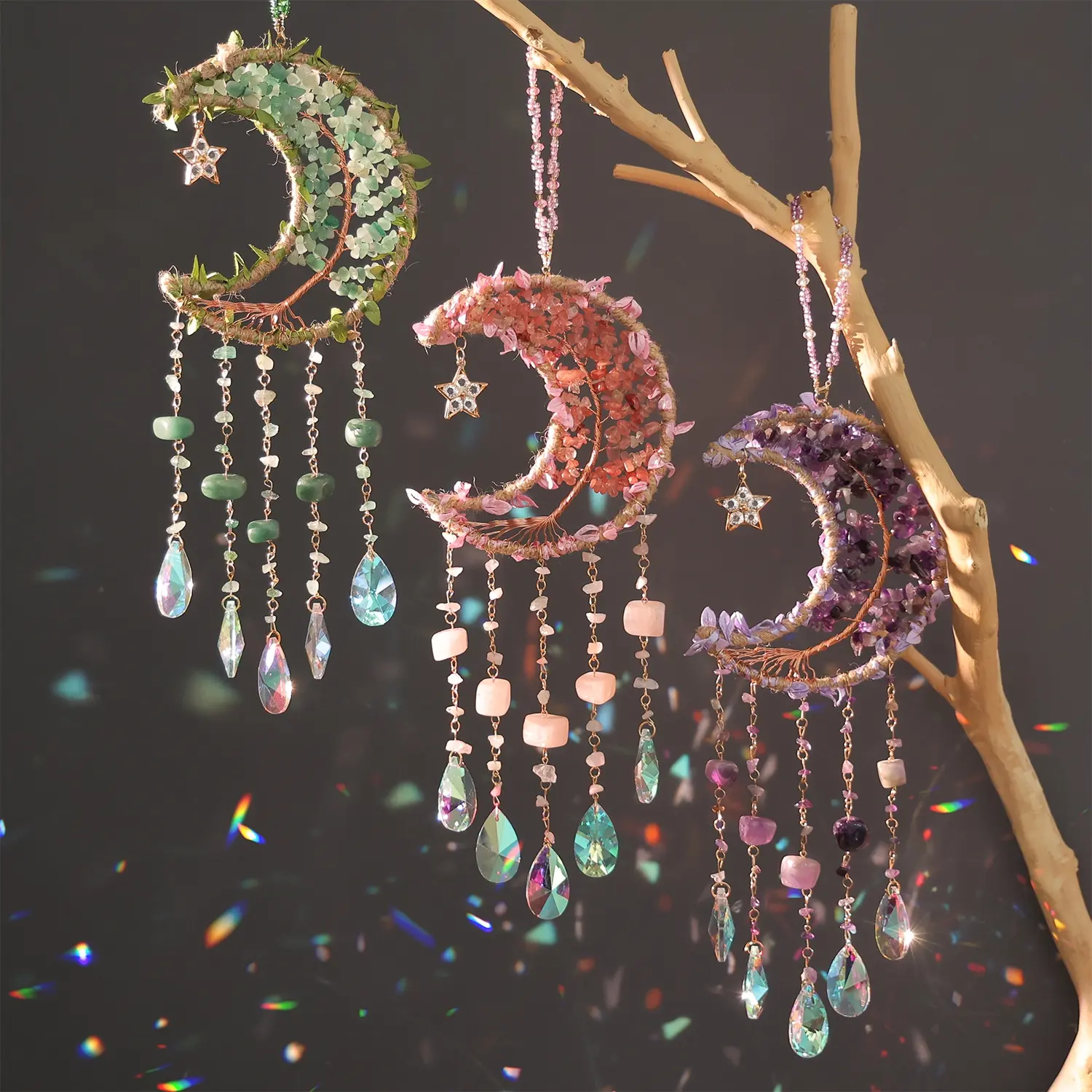 Moon Crystal Sun Catcher, Life Tree Design Rainbow Maker, Prism for Indoor Windows, Garden Dreamcatcher, Garden Accessories, Hanging Bohemian Wind Chime, Outdoor Wind Chimes, Christmas Decoration Gift