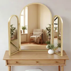 Trifold Vintage Style Vanity Mirrors 3 Way, 30 x 37 in Adjustable Arch Trifold Mirror for Bathroom Bedroom, Decorative Folding 3 Sided Mirror Wall Mounted for Braiding Hair Makeup