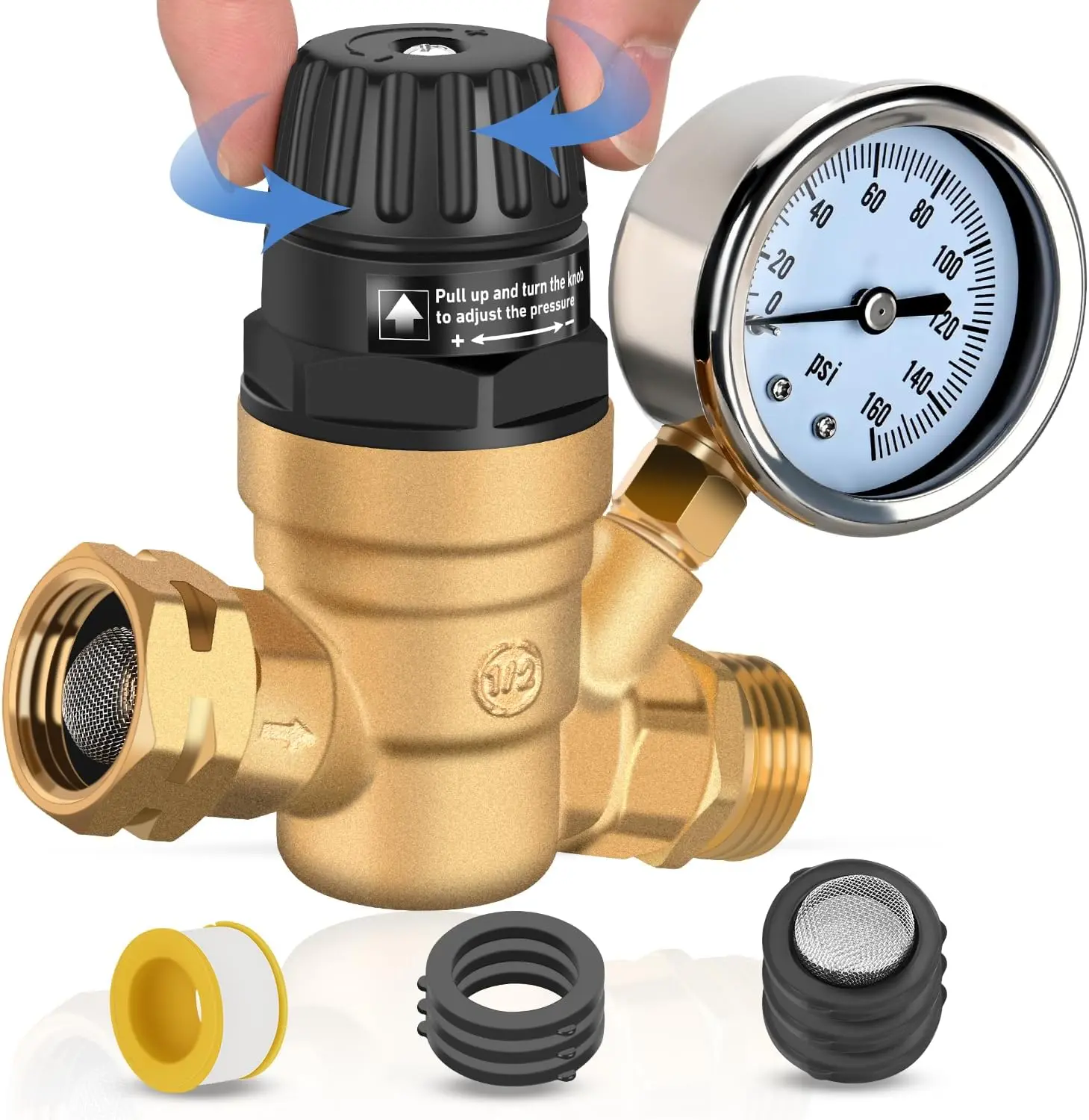 Nilight NSF Lead-Free Brass RV Water Pressure Regulator with Twist Handle Instant Adjust, Gauge, Inlet Screen Filter, 3/4" Hose Female Inlet, 0-160psi Range for Travel Camper, Travel Trailer & U.S. Water Systems