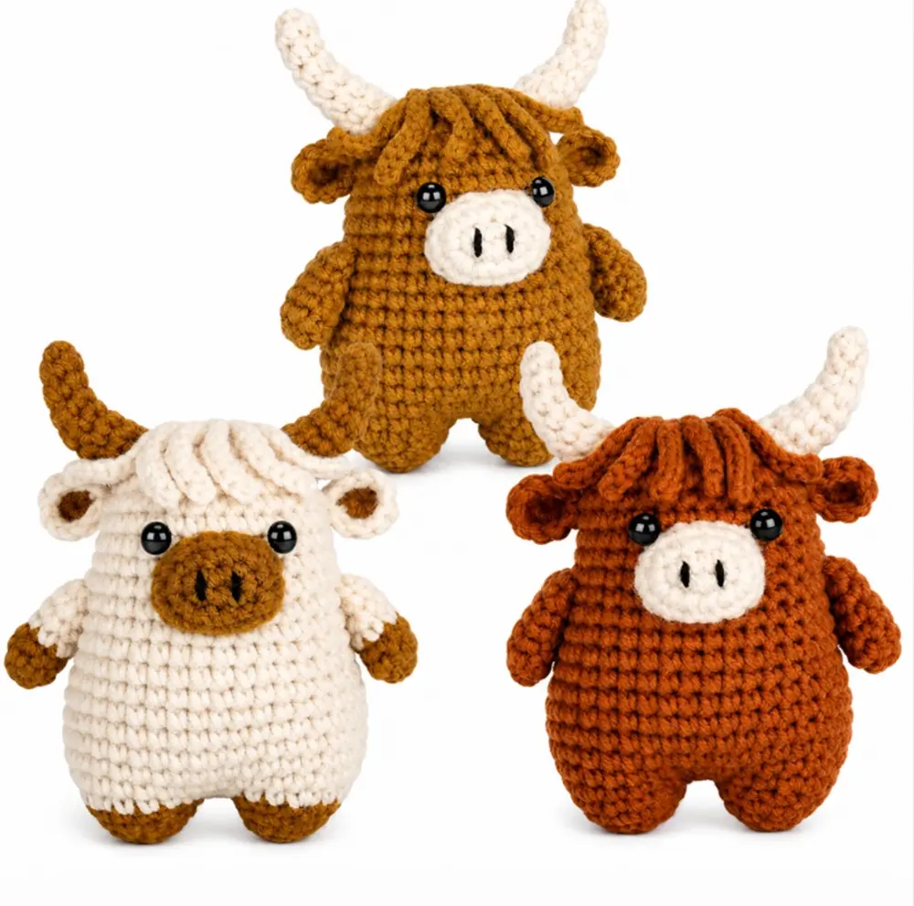TIKA Beginner Crochet Kit 3-Pack Highland Cows with Step-by-Step Video Tutorials, DIY Amigurumi Animal Crochet Set for Adults