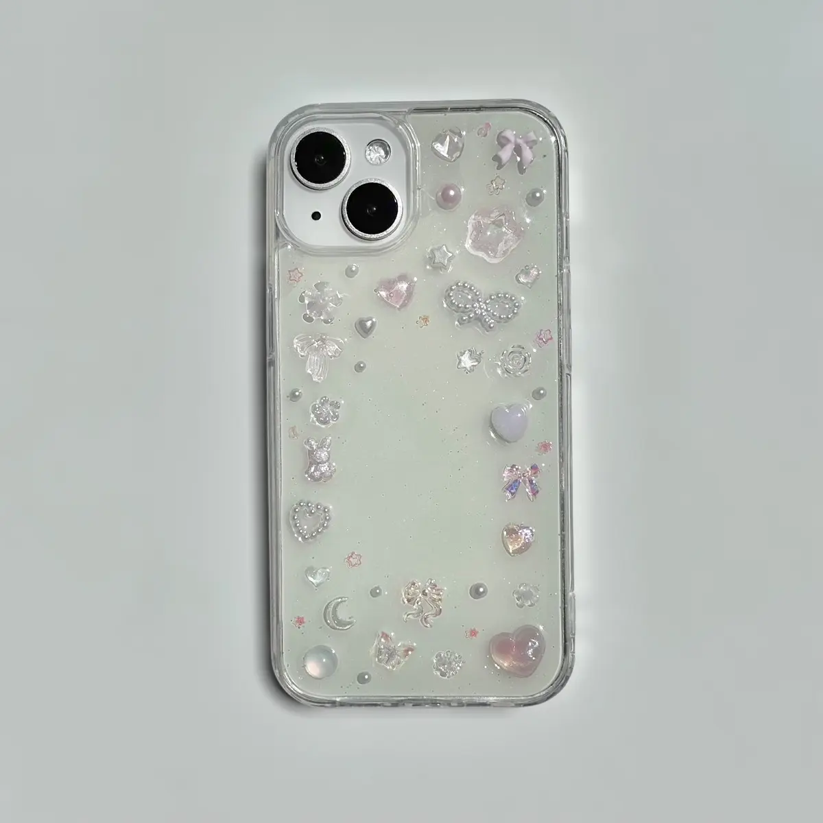 Pink Y2k Resin Phone Case with Dainty Iridescent Charms, Kpop Photo Holder