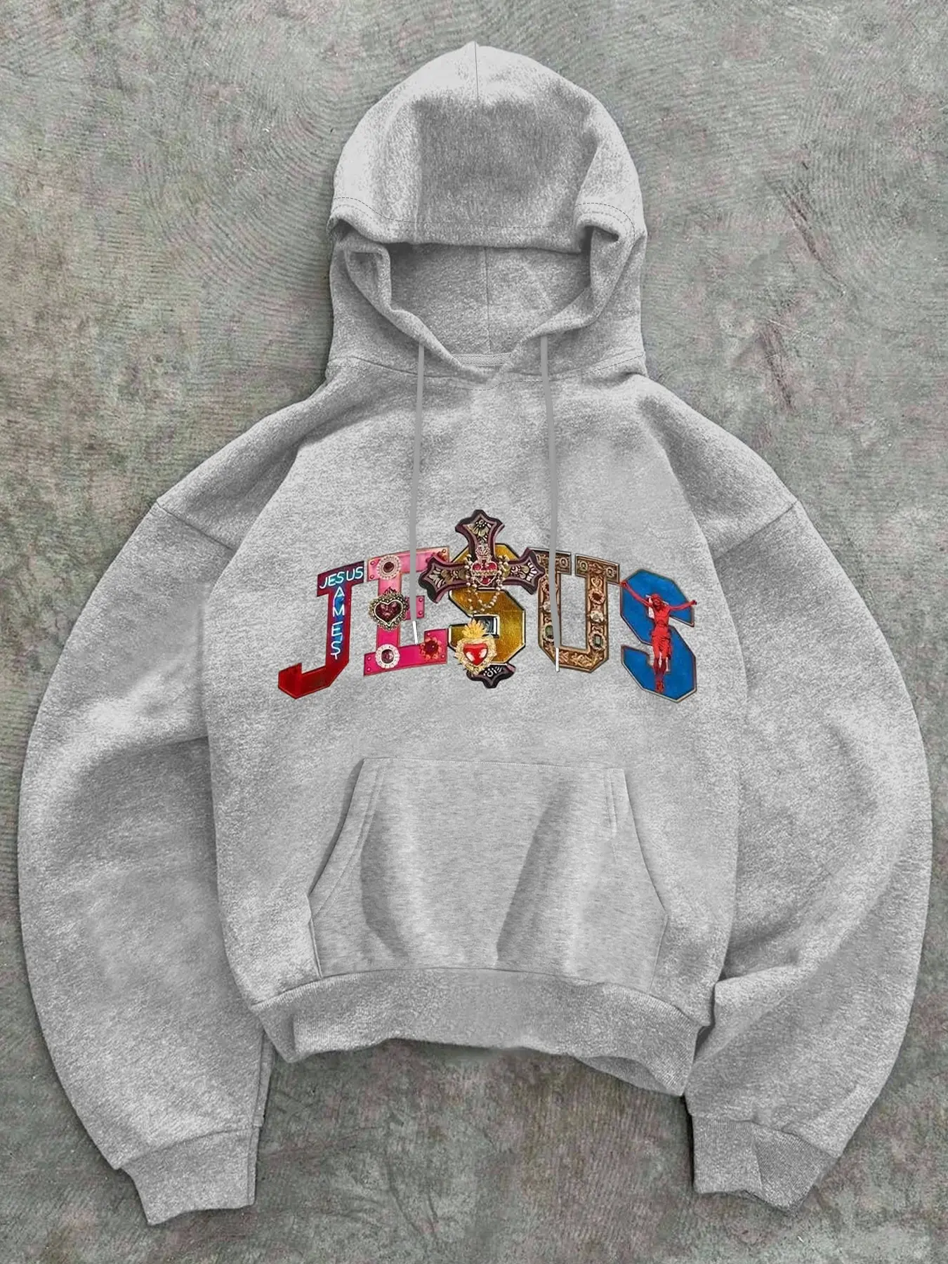 Neutral Hoodie with Vibrant Jesus Print and Cross Pattern, Aesthetic Hoodie, Christian Street Style Faith Based Streetwear Fitted Pullover for Fall & Winter Casual Wear, Long Sleeves Heavyweight Streetwear Sweatshirts Streetwear