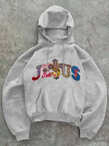 Neutral Hoodie with Vibrant Jesus Print and Cross Pattern, Christian Street Style Fitted Pullover for Fall & Winter Casual Wear, Long Sleeves Sweatshirts Streetwear