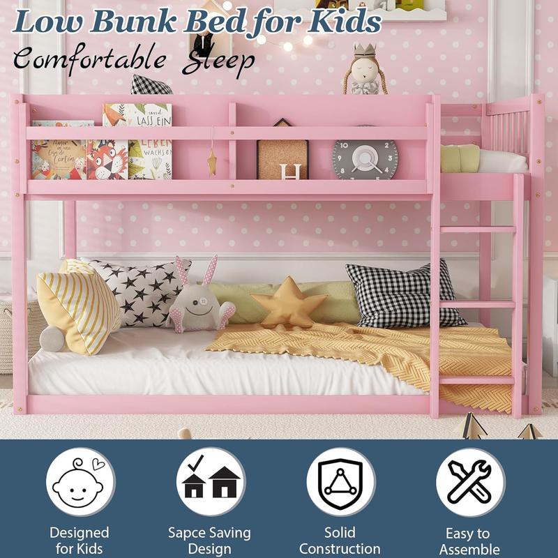 Twin Low Bunk Beds Frame, Wooden Bunk Bed Frame Twin Over Twin, Convertible Floor Bunk Bed with Storage Shelf & Ladder, No Box Spring Needed (Pink)