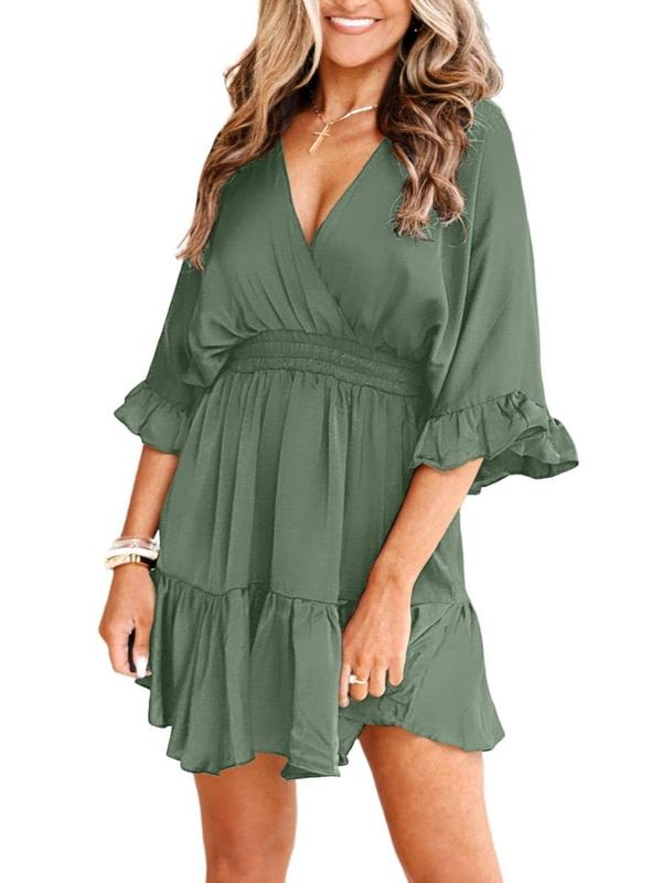 FMEYOA Womens V Neck Casual Dresses Summer Duster Cardigans Short Sleeve Draped Oversized Mini Short Dress