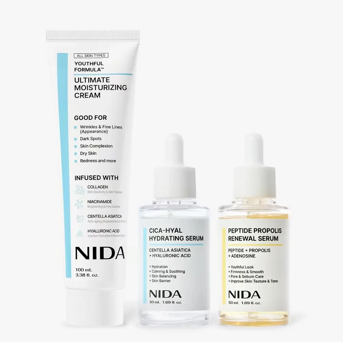 NIDA 3-Piece Skincare Set: Multi-Effect Moisturizer + Cica-Hyal Soothing Serum + Peptide Propolis Anti-Aging Serum